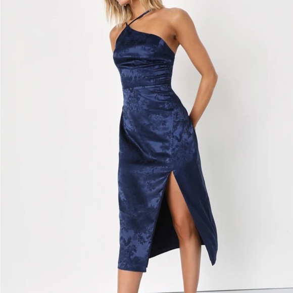Lulus Dresses & Skirts - Lulu's Desirable Dream Navy Blue Satin Jacquard Halter Neck Midi Dress
